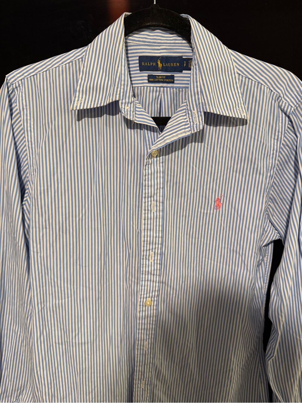 Ralph Lauren Light Blue & White Vertical Stripe Dress Shirt with Pink Pony